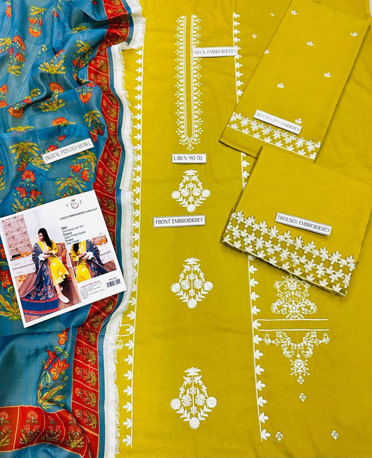 3 PCs women's unstitched embroidered suit