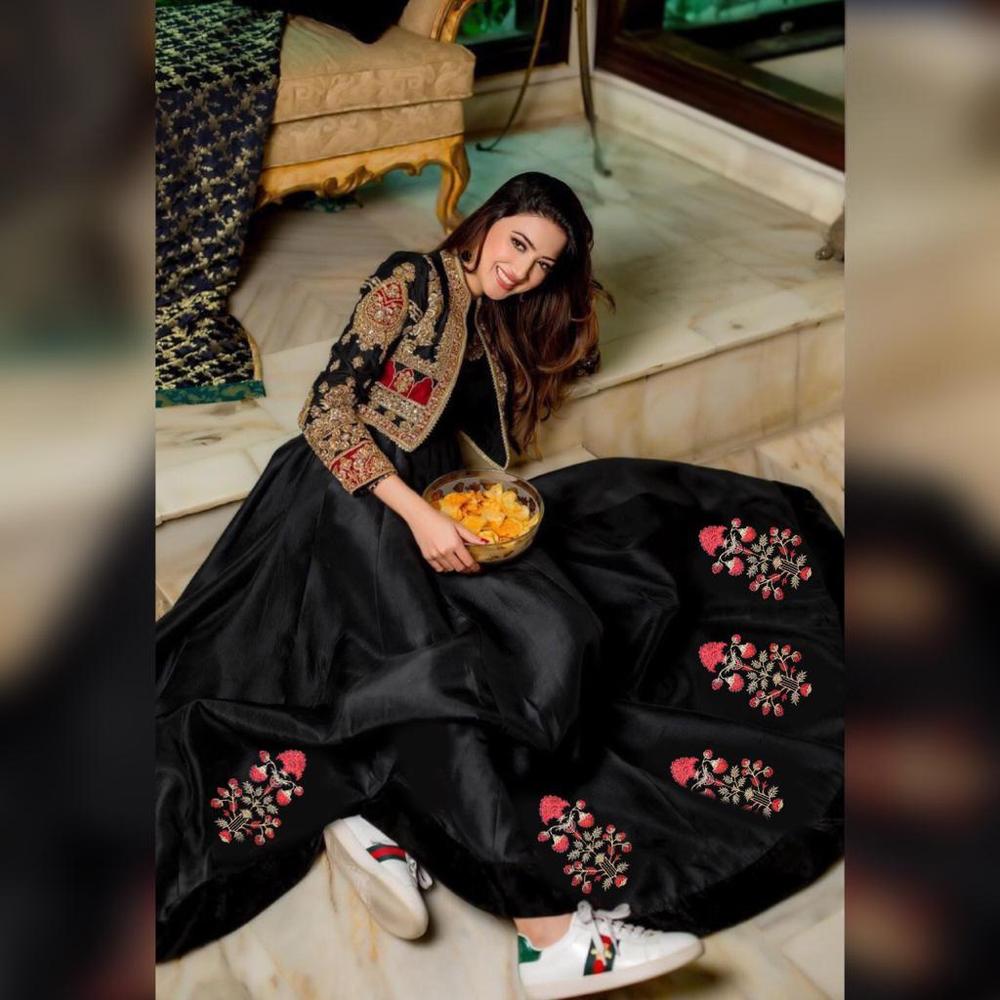 2 pcs women's stitched shamoz silk embroidered maxi