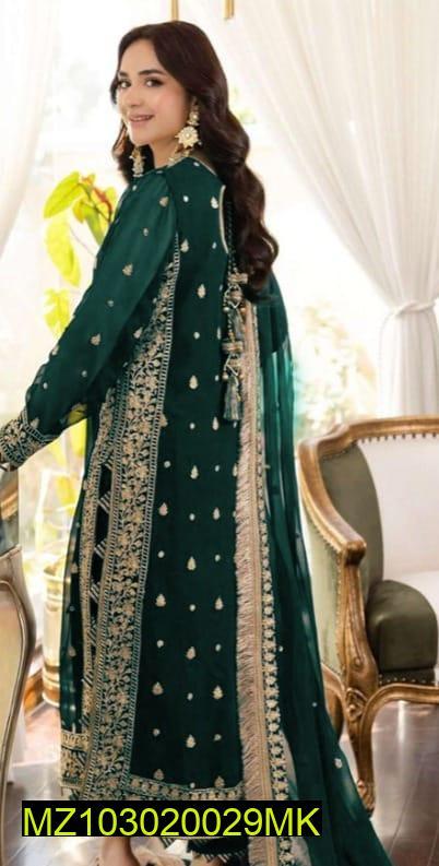 3 pcs women's stitched crinkle chiffon embroidered suit