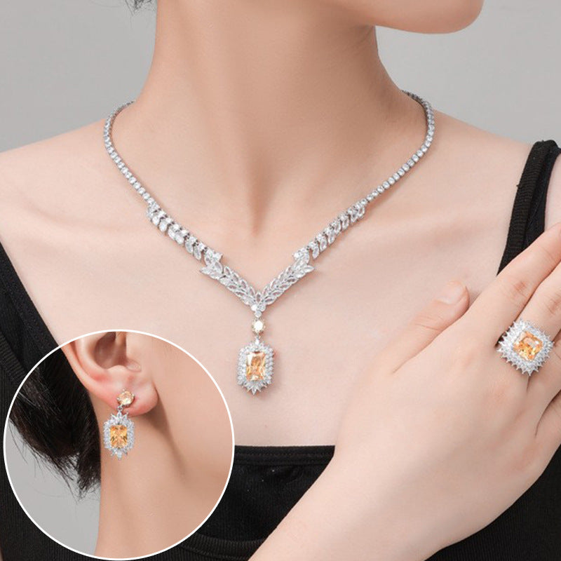 Cross- border Douyin popular necklace jewelry set simple photo studio zircon pendant gemstone with earrings jewelry set
