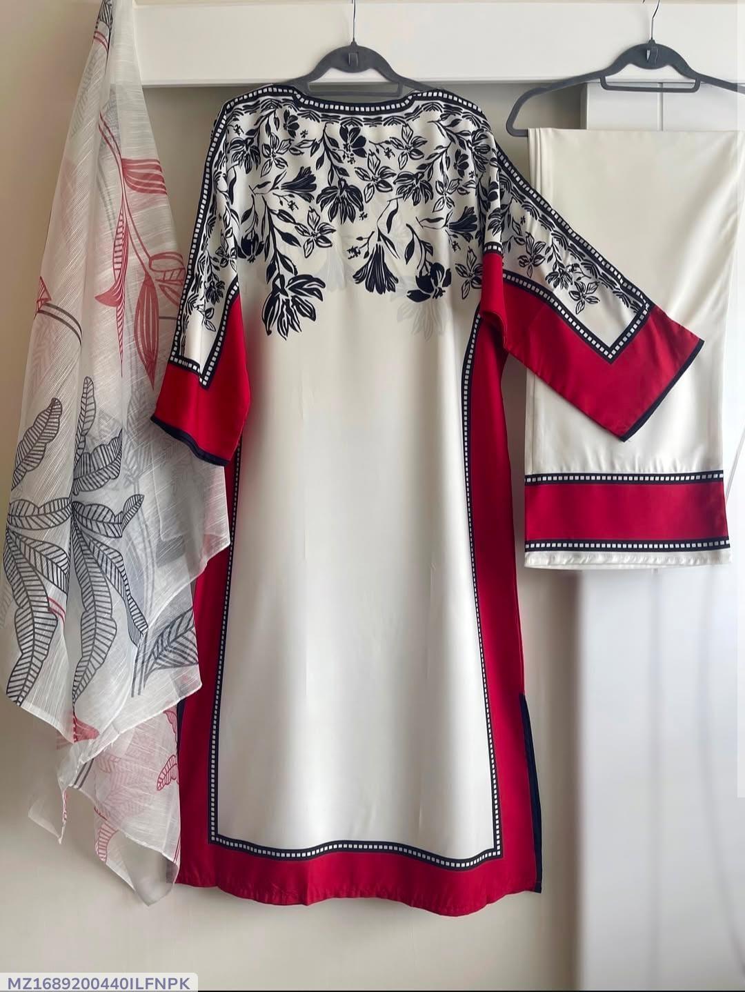 Stylish printed Arabic lawn suit -3 pcs in maroon & white