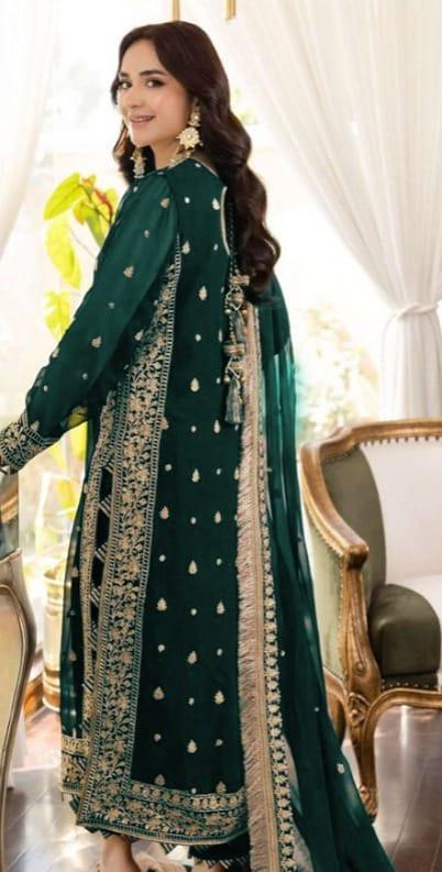 3 pcs women's stitched crinkle chiffon embroidered suit