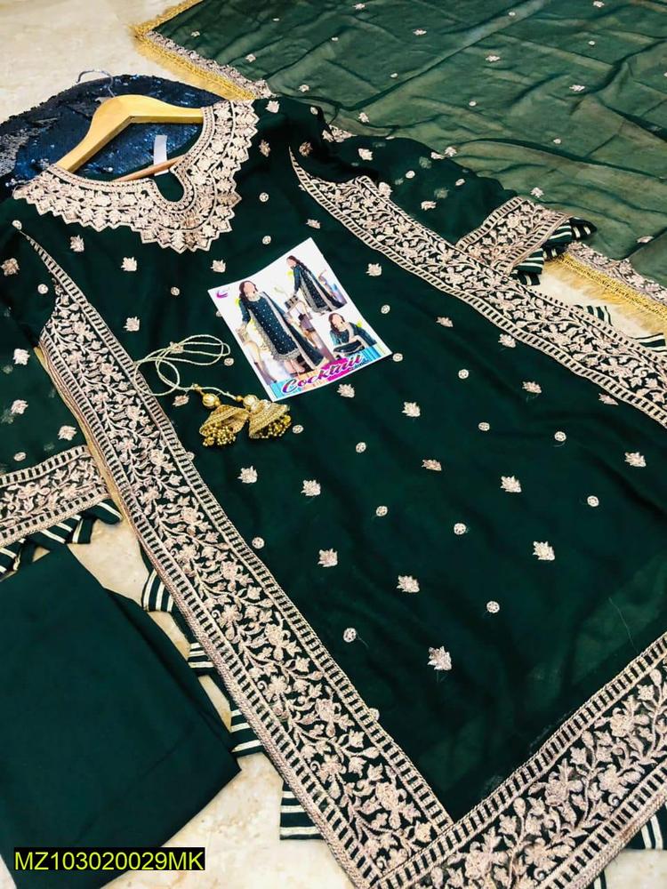 3 pcs women's stitched crinkle chiffon embroidered suit