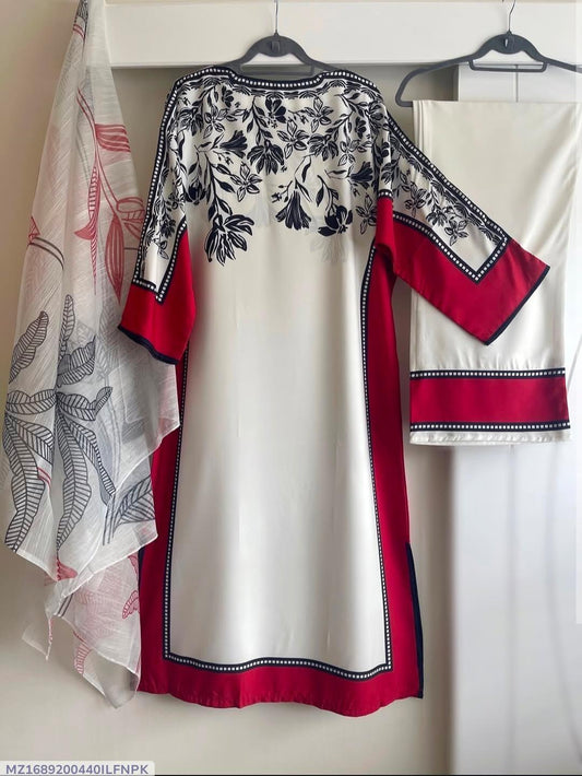 Stylish printed Arabic lawn suit -3 pcs in maroon & white